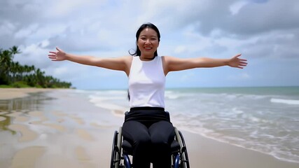 Woman in Wheelchair on Beach with Open Arms