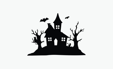 Haunted house silhouette, flying bats and spooky trees, black and white vector, Halloween illustration art