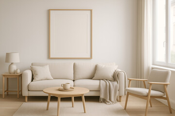 Modern minimalist living room interior design featuring a beige sofa wooden armchair and a large empty frame on a neutral wall mockup
