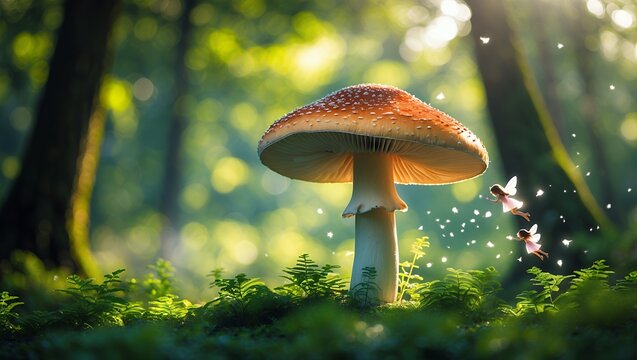 Mushroom in Forest with Magical Fairies and Sparkling Light