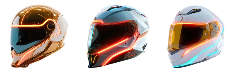 Fototapeta premium Collection of futuristic motorcycle helmets with glowing neon accents and sleek aerodynamic design isolated on a white or transparent background