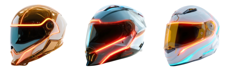 Collection of futuristic motorcycle helmets with glowing neon accents and sleek aerodynamic design isolated on a white or transparent background