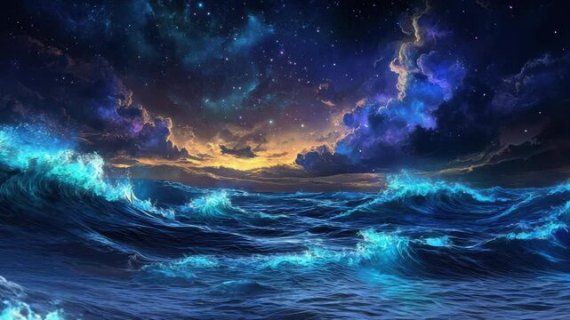 Glowing Blue Waves Crashing Under a Starlit Night Sky