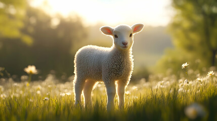 Obraz premium Adorable fluffy lamb standing in a field of wildflowers, bathed in the golden light of sunset. Pure innocence and springtime charm.