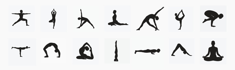 A multiple exposure silhouette of a single figure flowing through a Sun Salutation (Surya Namaskar). The poses&mdash;Mountain Pose, Downward-Facing Dog, and Cobra Pose&mdash;are layered and semi-transparent, crea