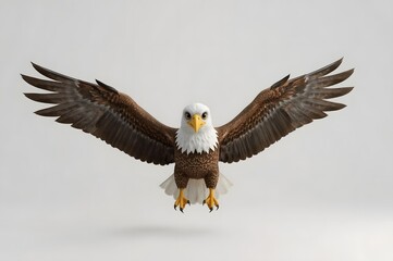Bald eagle in flight, centered against white background