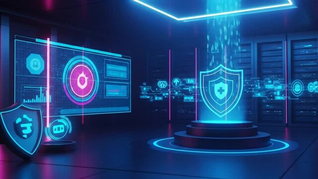 Futuristic digital cyber security shield with glowing data interface in server room - Powered by Adobe