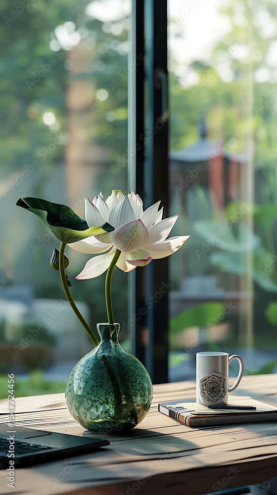 Poster a white lotus flower in a vase sits on a table next to a mug a book and a laptop with a window and g