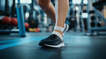 Athlete with injured ankle wrapped in medical tape during workout, sports injury treatment and recovery concept, fitness and healthcare theme.
