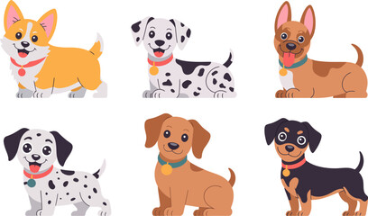 Obraz premium Cartoon dog breeds illustration vector corgi dalmatian dachshund puppy pets animals graphic design art 100 editable stock vector illustration