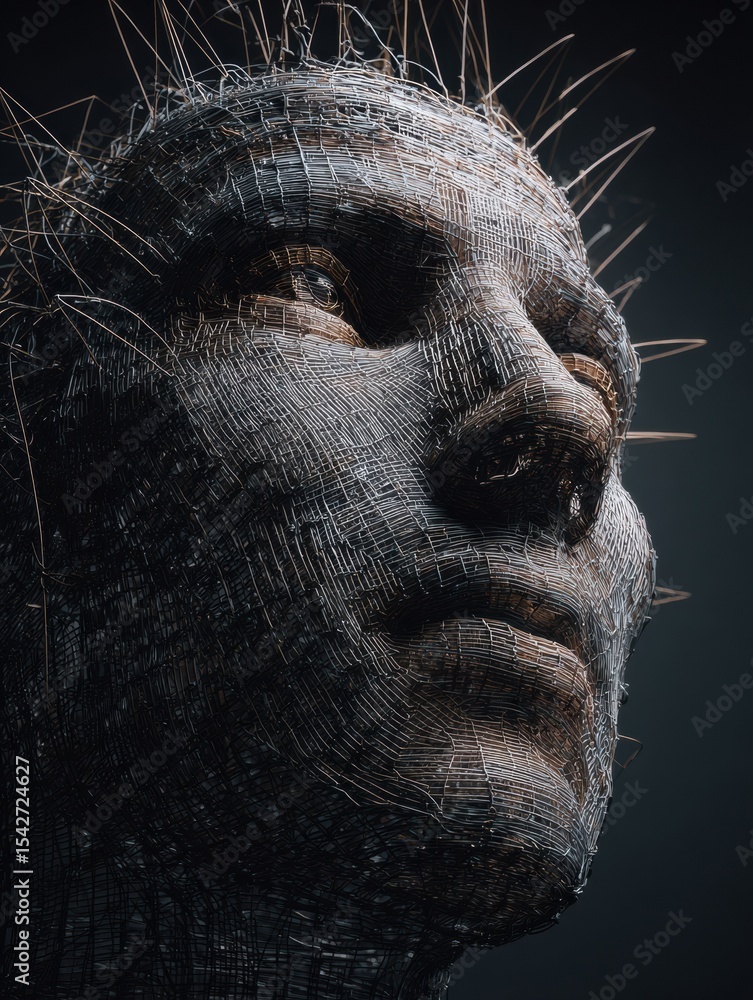 Poster Melancholy Expression Rendered in Abstract Wire Structure With Intricate Details and a Clean Background