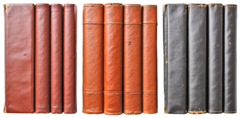 Elegant Flat Lay of Four Luxury Leather-Bound Books - Smooth, Distressed, Pebbled, Embossed Textures in Rich Browns & Black - Perfect for Publishing, Academic & Lifestyle Branding