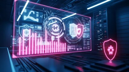 Futuristic cyber security data analysis with digital shield icons and graphs in modern server room - Powered by Adobe