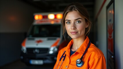 Confident Female Paramedic With Ambulance Backdrop