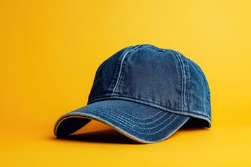 Blue denim baseball cap on a bright yellow background.