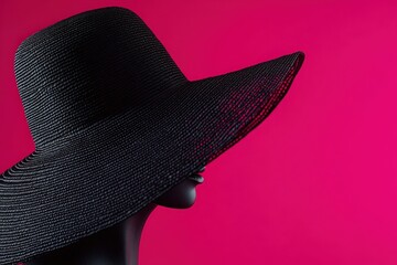 Wide-brimmed black hat on a mannequin head against a hot pink background.