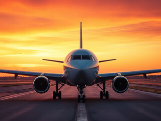 Commercial airplane on runway during vibrant sunset, evoking sense of travel and adventure