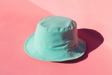 Mint green bucket hat on a pink background.