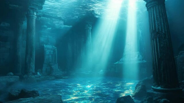 Submerged Ancient Ruins Underwater Temple with Blue Lighting