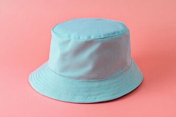 Light teal bucket hat against a pink background.