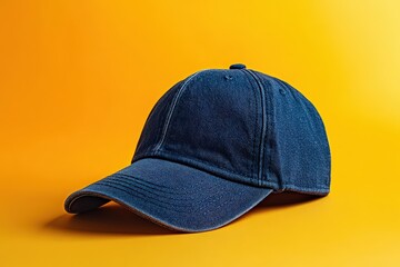 Navy blue baseball cap on a vibrant yellow background.