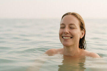 Joyful woman enjoying a refreshing swim in the serene ocean, embracing tranquility and nature with a genuine smile