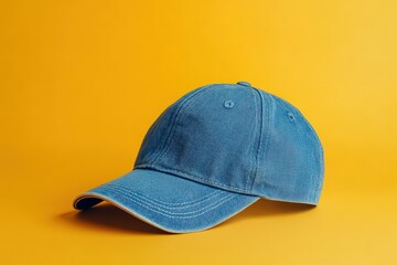 Blue baseball cap on a yellow background.