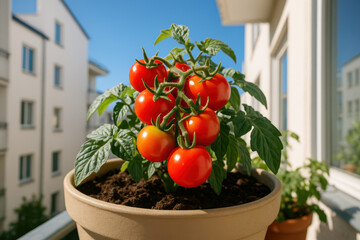 Ripe cherry tomatoes growing in a pot on sunny urban balcony, healthy home gardening with vibrant green leaves and rich soil