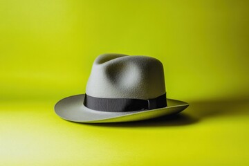 Light gray fedora hat on a vibrant lime green background.