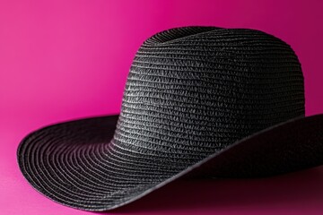 Close-up of a stylish black straw hat against a vibrant magenta background.