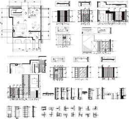Living room interior decoration and draw bar counter 2d AutoCAD furniture layout plan evolution section detail vector format