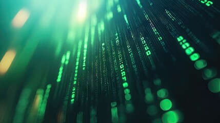 Abstract digital code display with vibrant green tones.