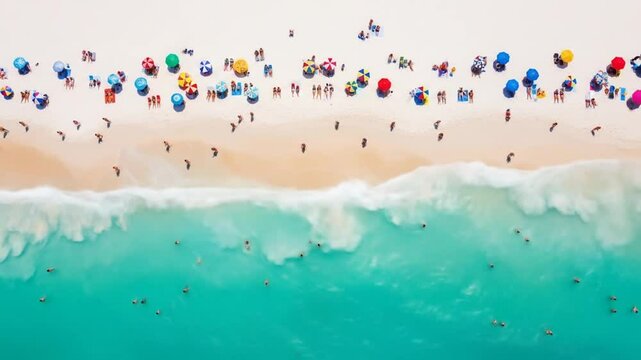 Aerial view of a vibrant crowded beach with turquoise water and waves rolling in