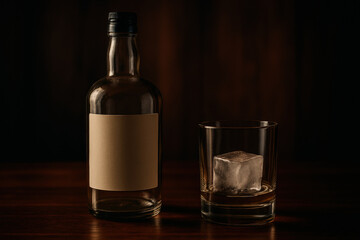 Minimalist bottle and glass with ice cube on wooden table in dimly lit setting