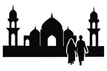 Silhouette of muslim couple walking to mosque