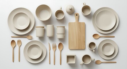 Minimalist kitchenware arrangement of plates bowls cutlery and wooden board