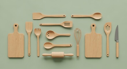 Wooden Kitchen Utensils on Green Background