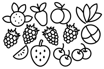 Collection of Line Art Fruit Illustrations Strawberries Blackberries Cherries Peach and Mango Perfect for Coloring Pages Educational Materials and Simple Graphic Designs on a White