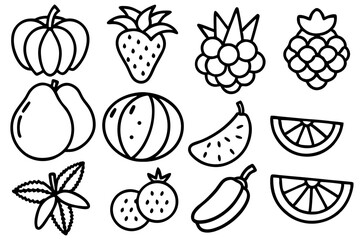 Collection of various fruits and vegetables in outline style including pumpkin strawberry blackberry pear watermelon banana orange and mint isolated on white background