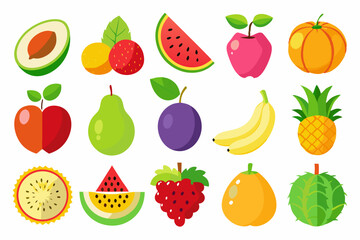 Collection of Flat Design Style Fruits Including Avocado Berries Watermelon Apple Orange Plum Banana Pineapple Dragon Fruit and More on a White Background