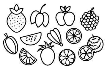 Collection of Black and White Outline Fruit Icons Including Strawberry Mango Apple Blackberry Watermelon Pineapple Orange and Other Tropical Fruits Perfect for Coloring Pages