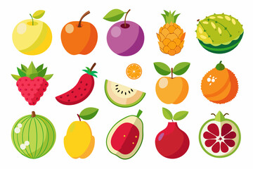 Vibrant Assortment of Cartoon Fruit Icons on White Background Featuring Apples Pineapple Watermelon and Exotic Varieties Perfect for Healthy Eating and Nutrition Concepts