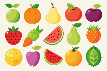 Collection of colorful cartoon fruit and vegetable icons including apples pears watermelon strawberries carrots and more isolated on a light background vector illustration