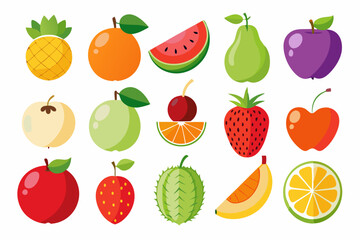 Collection of colorful cartoon fruits including pineapple orange watermelon pear plum apple guava cherry strawberry melon and lime on a white background