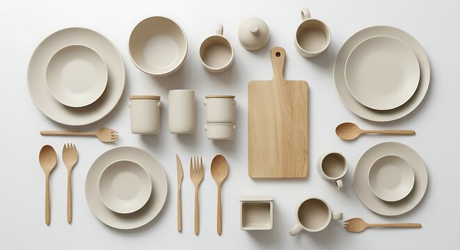 Minimalist kitchenware arrangement of plates bowls cutlery and wooden board