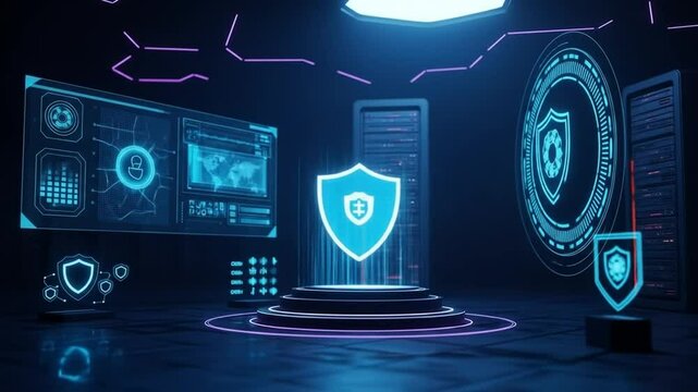 Futuristic digital cybersecurity technology interface in holographic display environment - Powered by Adobe