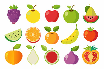 Colorful Assortment of Cartoon Fruit Illustrations Featuring Apples Grapes Oranges Watermelon Banana Pear and More Perfect for Healthy Eating and Nutrition Themed Designs and Educational