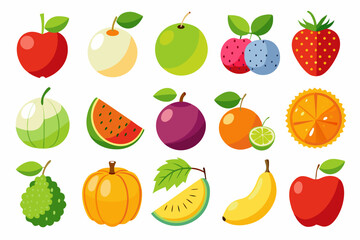 Collection of colorful cartoon style fruit illustrations including apple orange watermelon banana strawberry melon passion fruit and more isolated on a white background