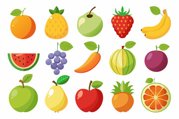 Collection of Cartoon Style Fruits including Orange Pineapple Guava Strawberry Banana Watermelon Grapes Mango Melon Plum Apple Pear and Grapefruit on a White Background