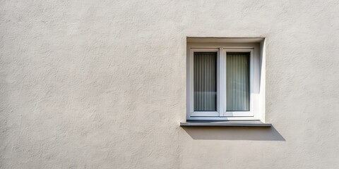 A small, simple window with a plain white or gray facade as background